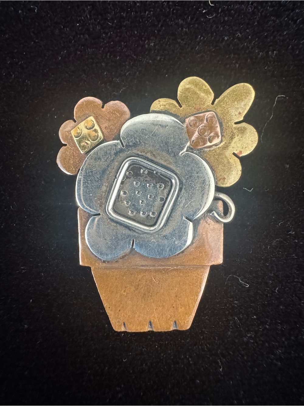 Vintage Far Fetched Mixed Metal Flower Pot Brooch - Artisan Modernist